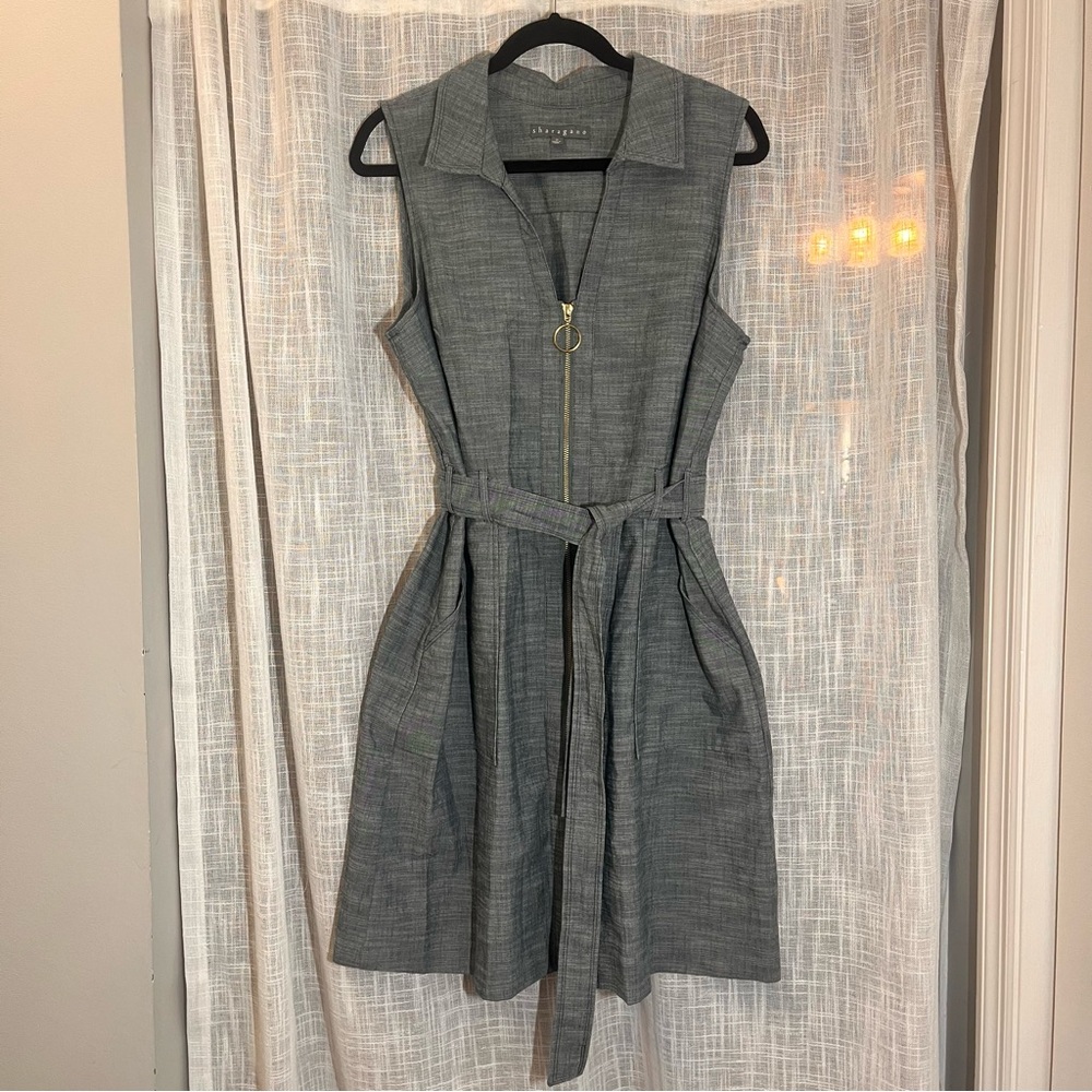 Sharagano Blue Denim Dress Gold Zip Up Collared Waist Tie And Pockets Size 16